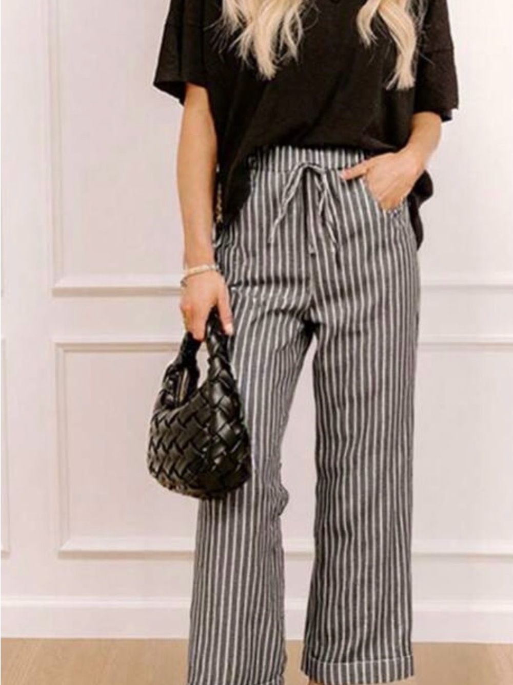 Striped Drawstring Wide-Leg Pants - Black/White